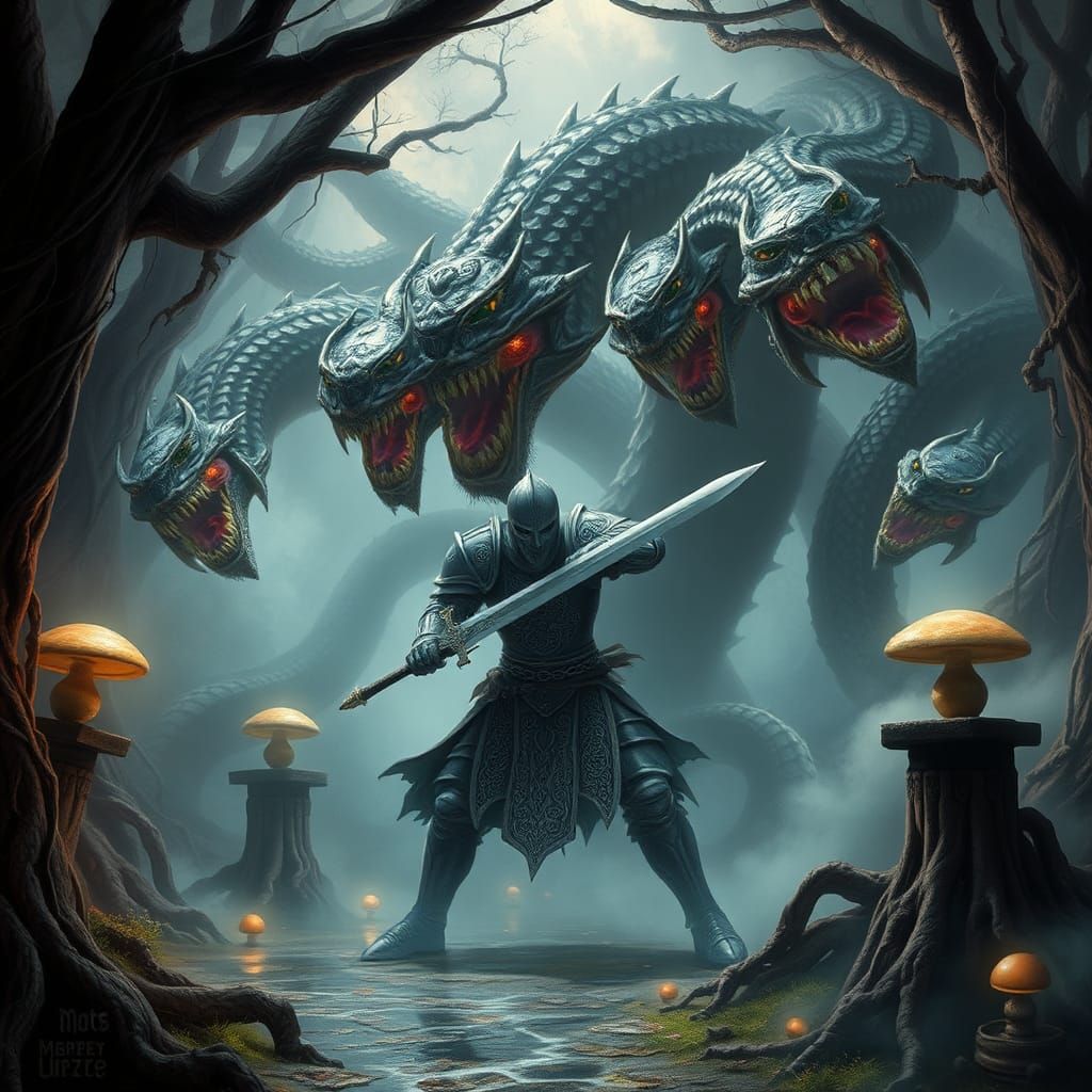 Knight Battles Hydra in Mystical Realm Matte Painting