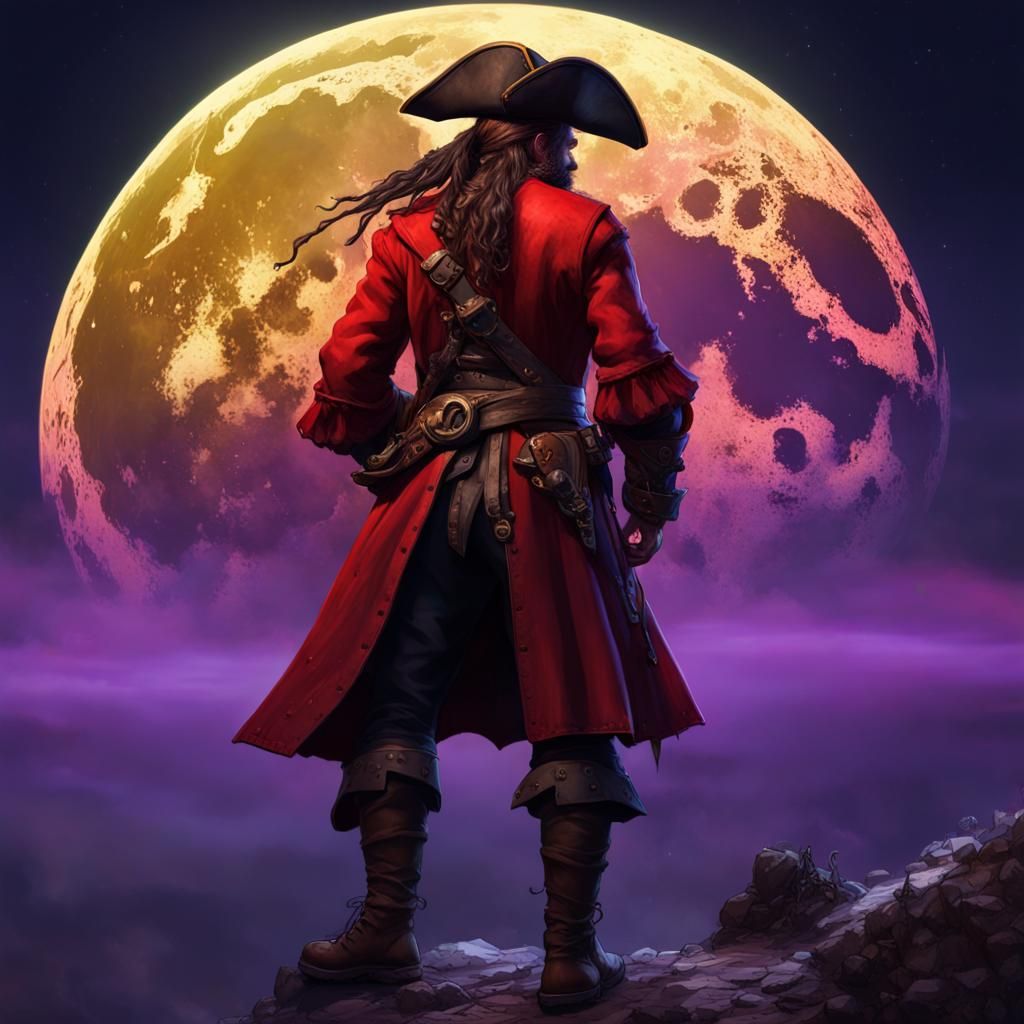 Pirate in Red Coat Gazing at Moon