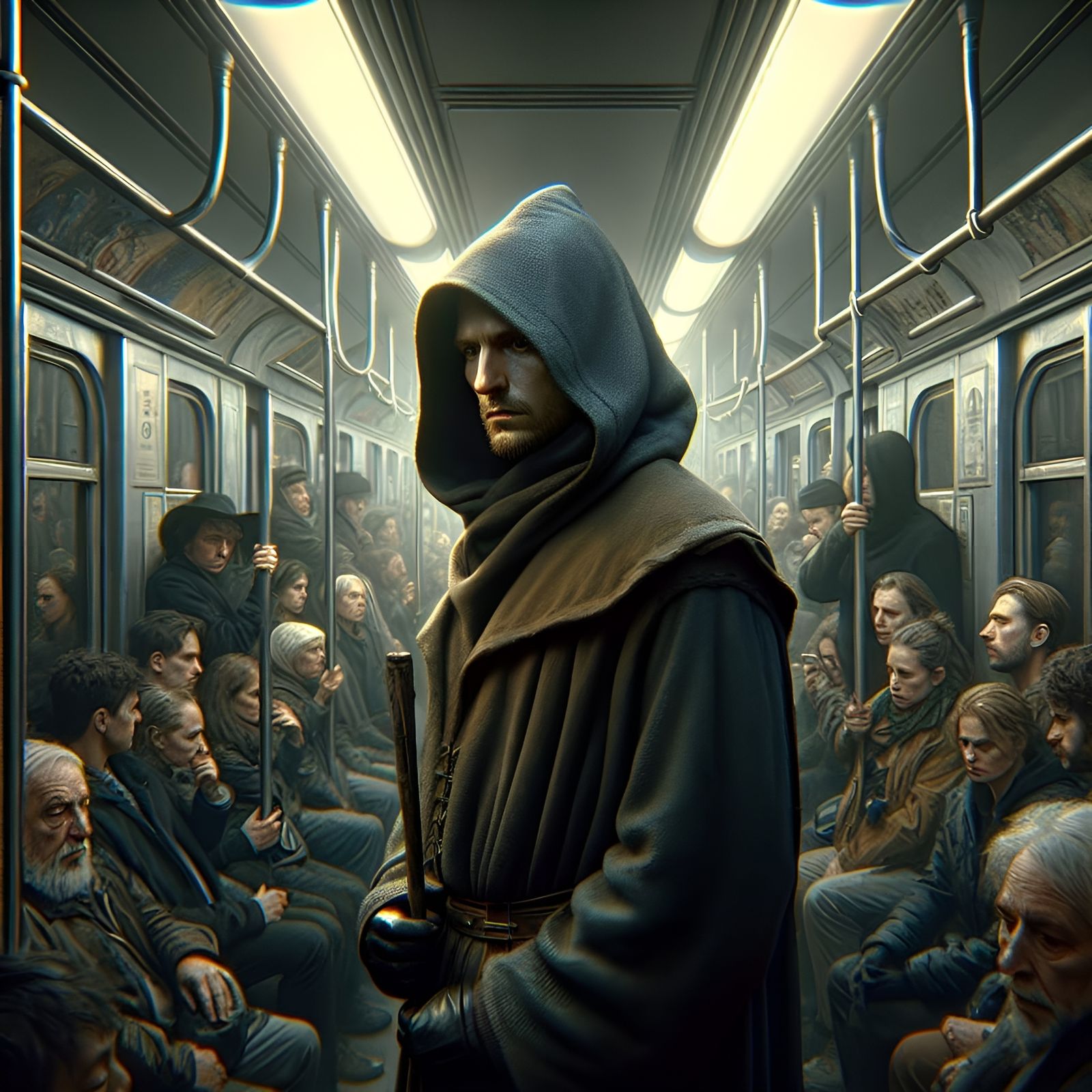 Melancholic Man in Subway Car: Cinematic Digital Painting