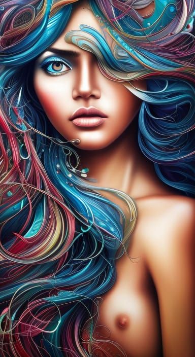 Elaborate Mixed Media Portrait with Flowing Chroma Hair