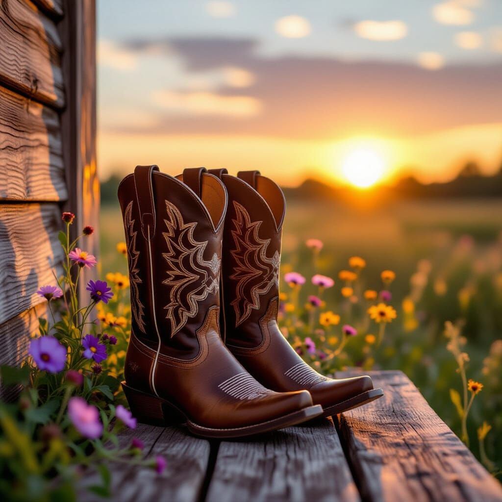 Weathered Cowboy Boots on Dusty Porch at Sunset