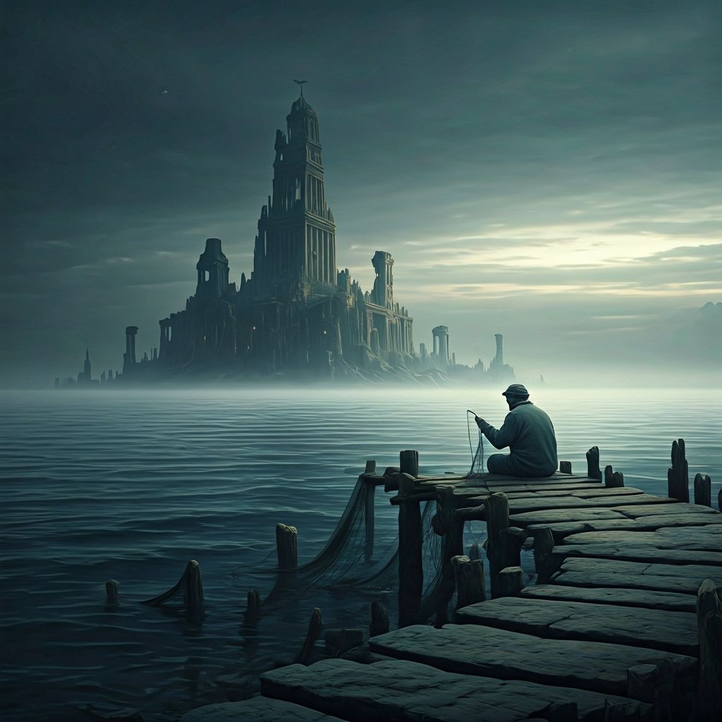 Fisherman on Petrified Pier by Misty Lake with Ancient Ruins