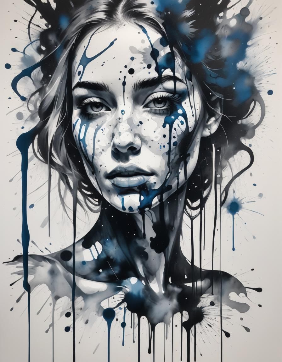 Abstract Ink Splatter Portrait of Young Woman