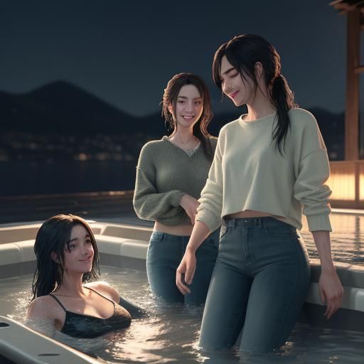 Friends Daring Each Other in Hot Tub as 3D Anime Art