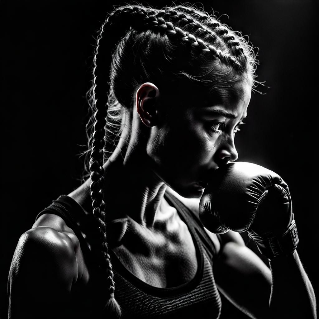 Boxer Girl Shadowboxing: Ultrarealistic Black and White Port...