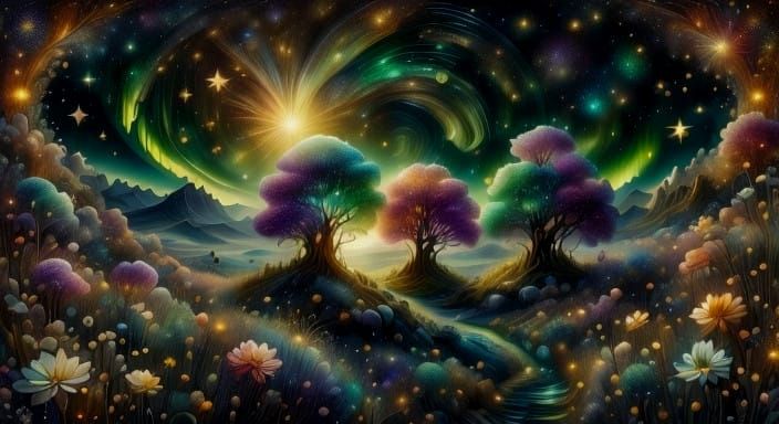 Surreal Aurora Borealis Landscape in Stippling and Bio Resin...