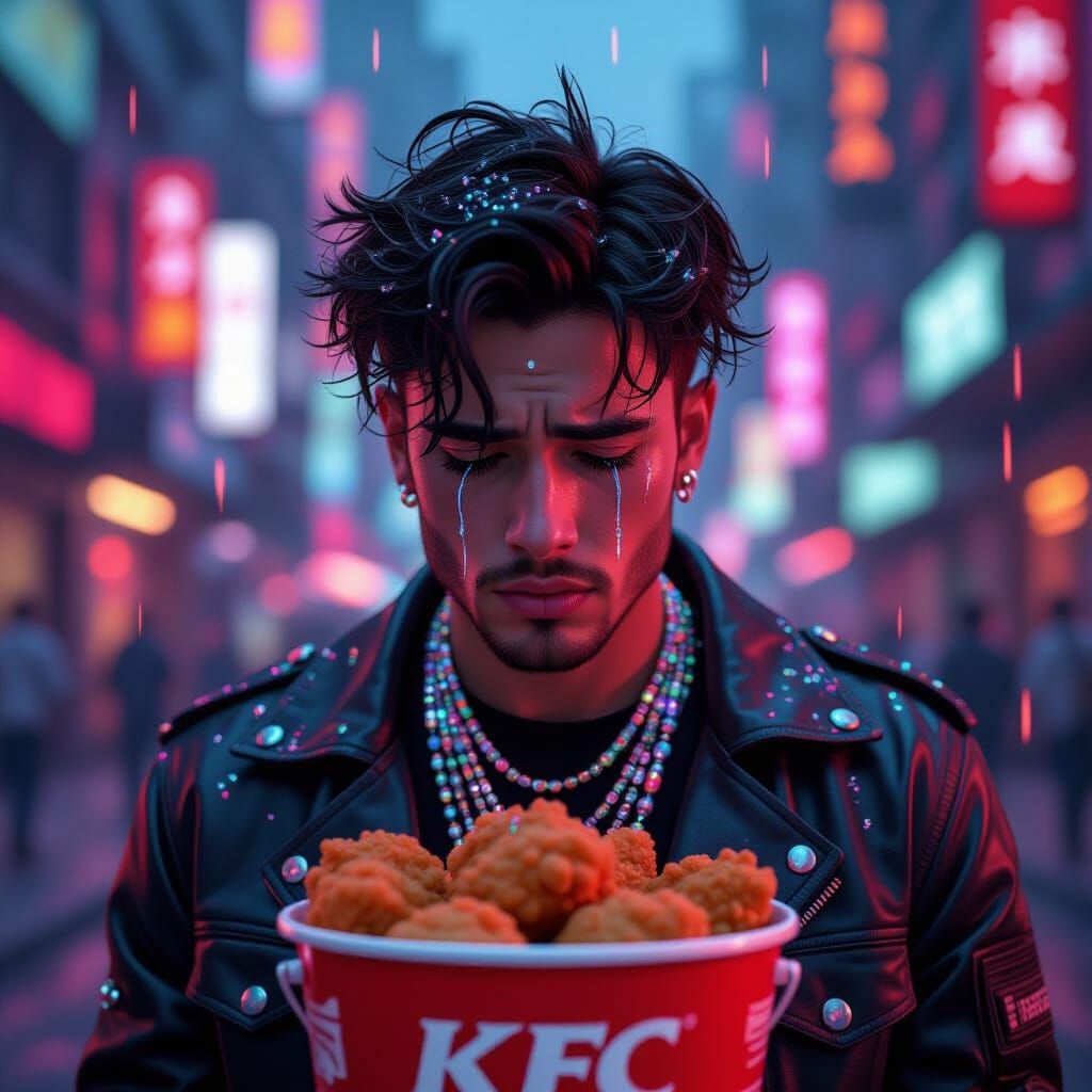 Man Weeping Glitter Before KFC in Glitching Cityscape