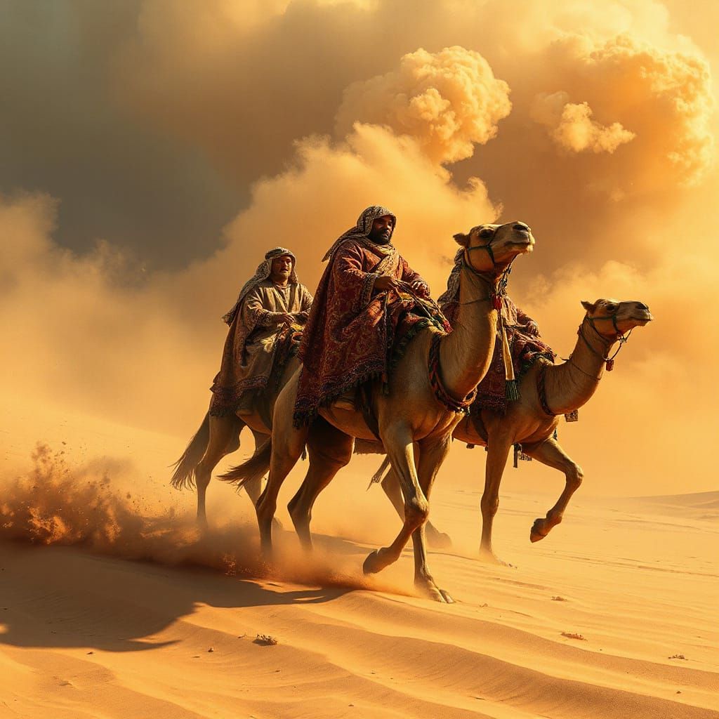 Bedouin Camel Riders Escape Sandstorm in Matte Painting Styl...