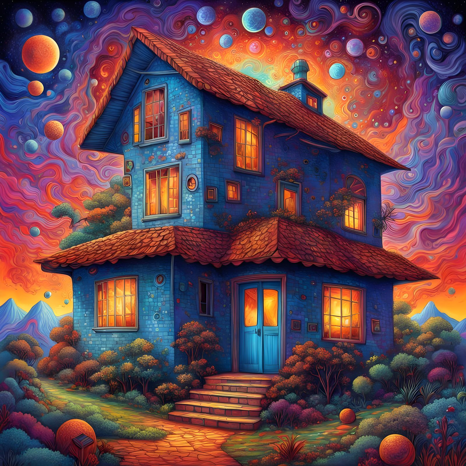 Cosmic House Illustration in Psychedelic Style