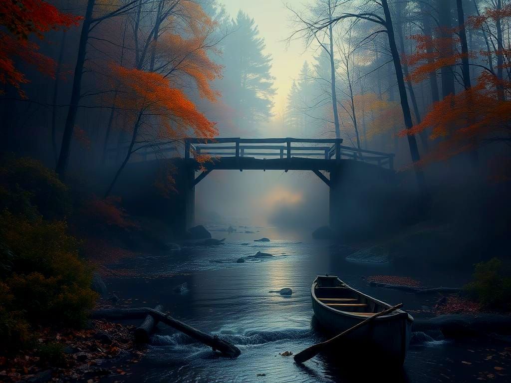 Eerie Autumn Forest Stream in Twilight
