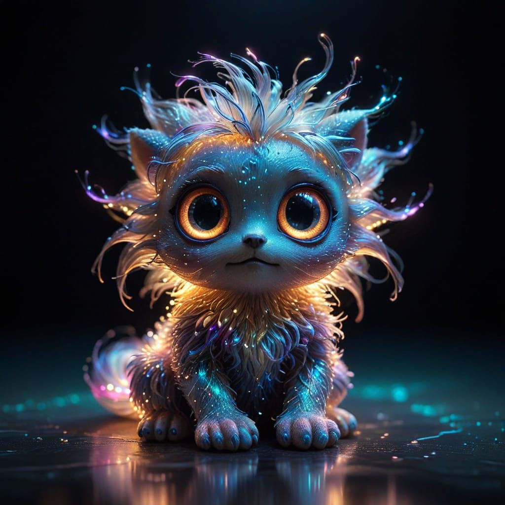 a cute little creature with glowing fiber optic hair, big adorable eyes, iridescent colors, sitting on a reflective surf...