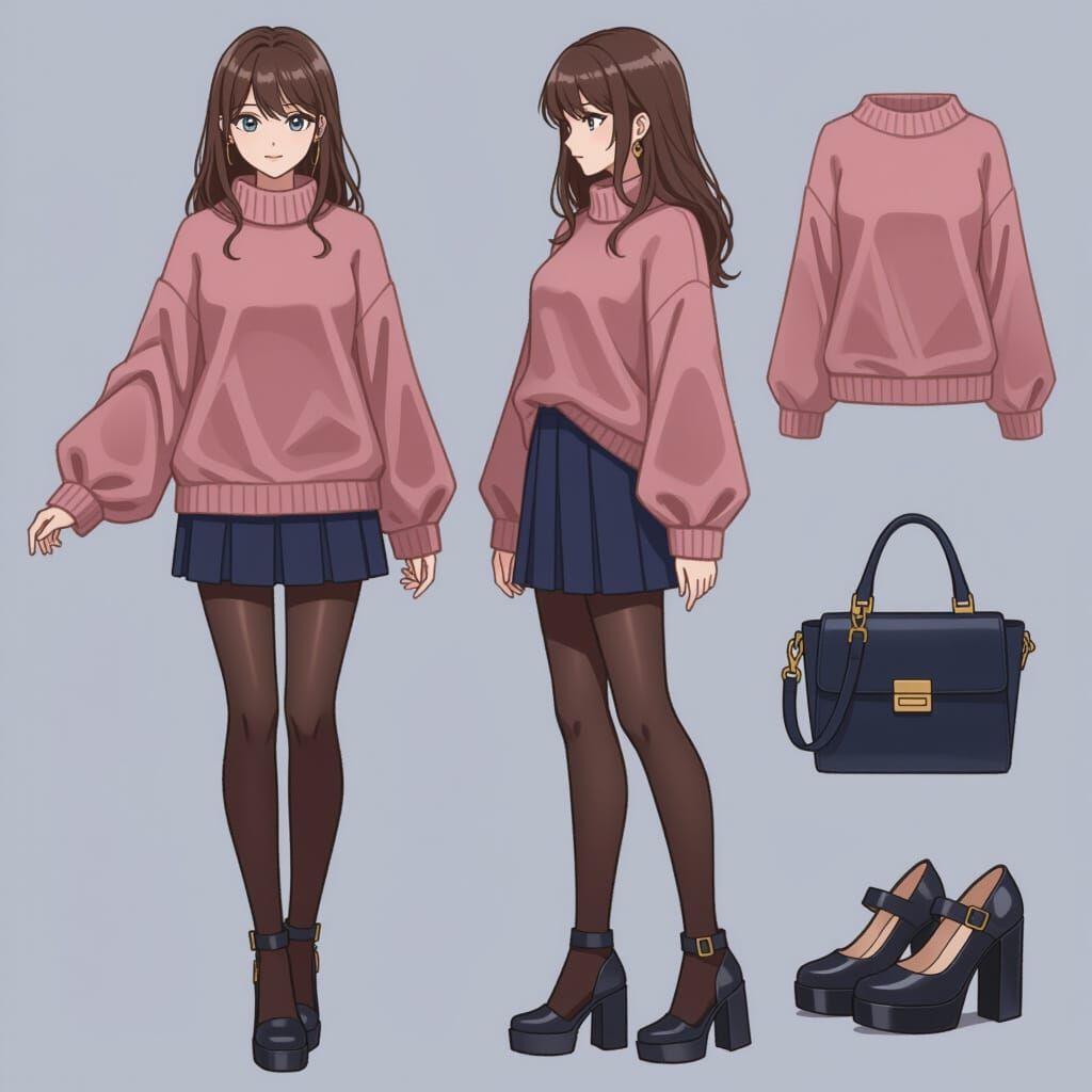 Dusty Rose Sweater and Blue Skirt Fashion Sketch