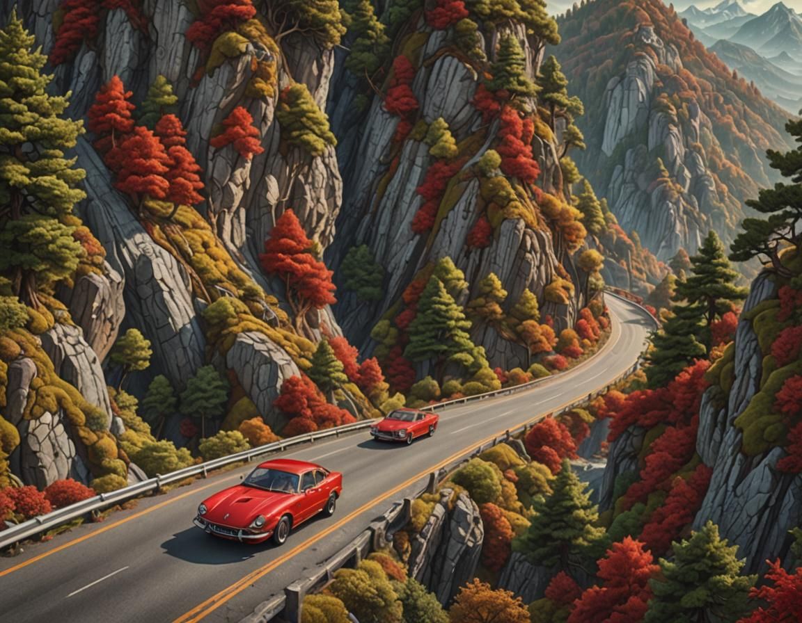 Fast red car on mountain road