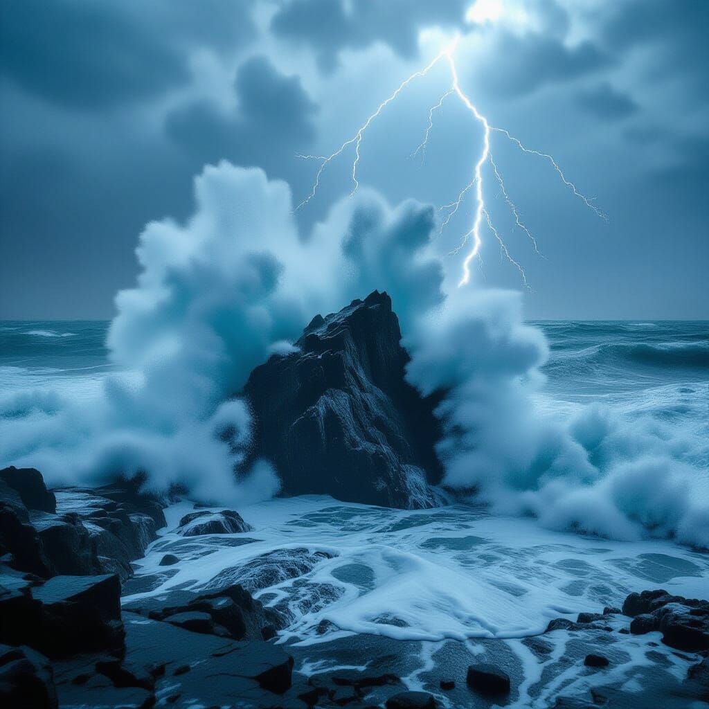 Massive Wave Crashing on Rock During Storm