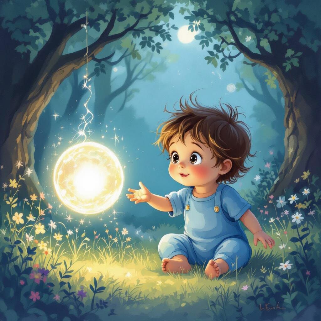 Child Reaching for Magical Orb in Enchanted Forest