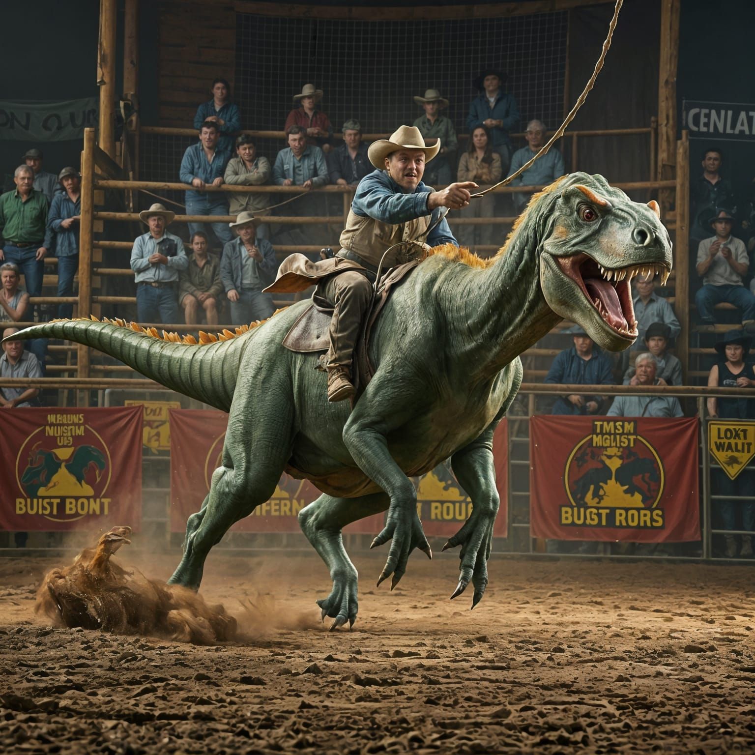 Cowboy Rides a Bull-Sized Velociraptor in High-Speed Action