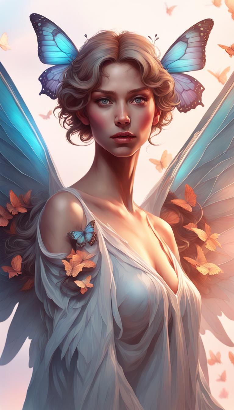 Butterfly-Winged Angel Portrait in Art Nouveau Style
