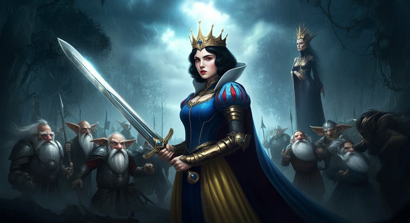 Snow White Leads Dwarves in Epic Battle Scene