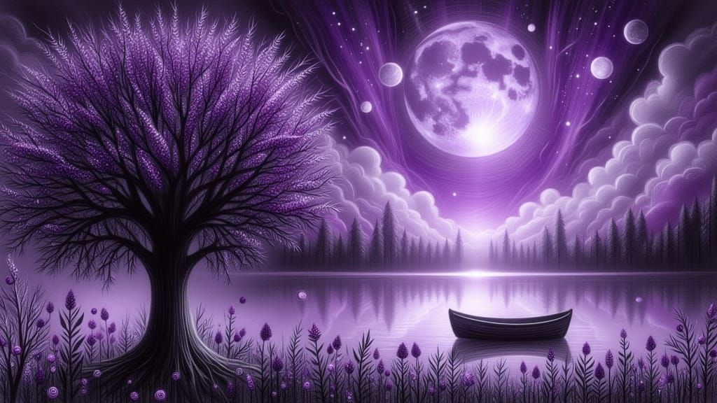 Enchanted Tree Silhouette with Purple Blooms