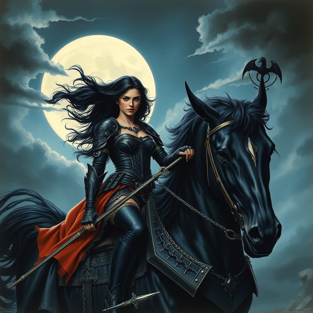 Dark Fantasy Warrior Rides Majestic Black Stallion Under Omi...