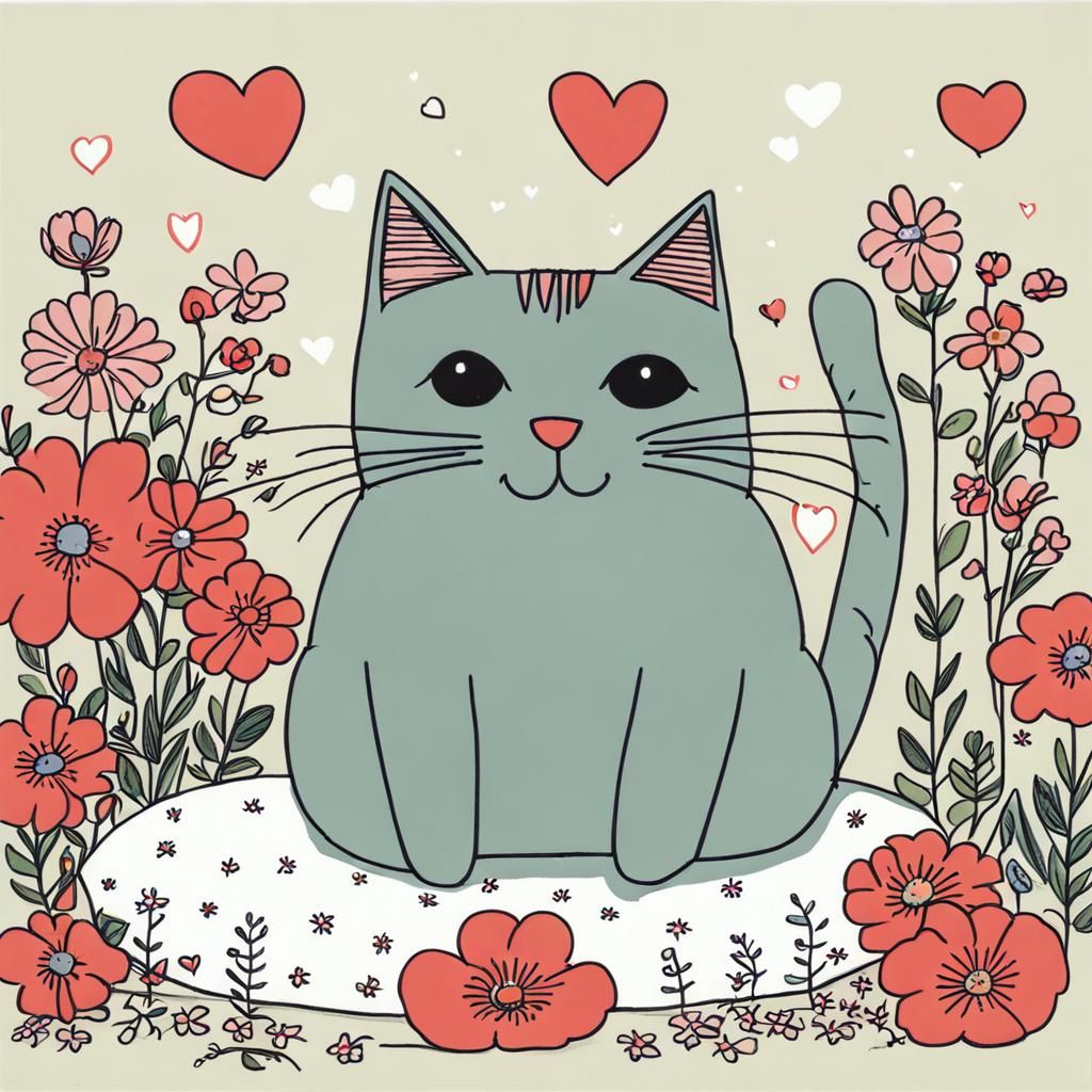 Cute Cat with Flowers, Children's Book Illustration