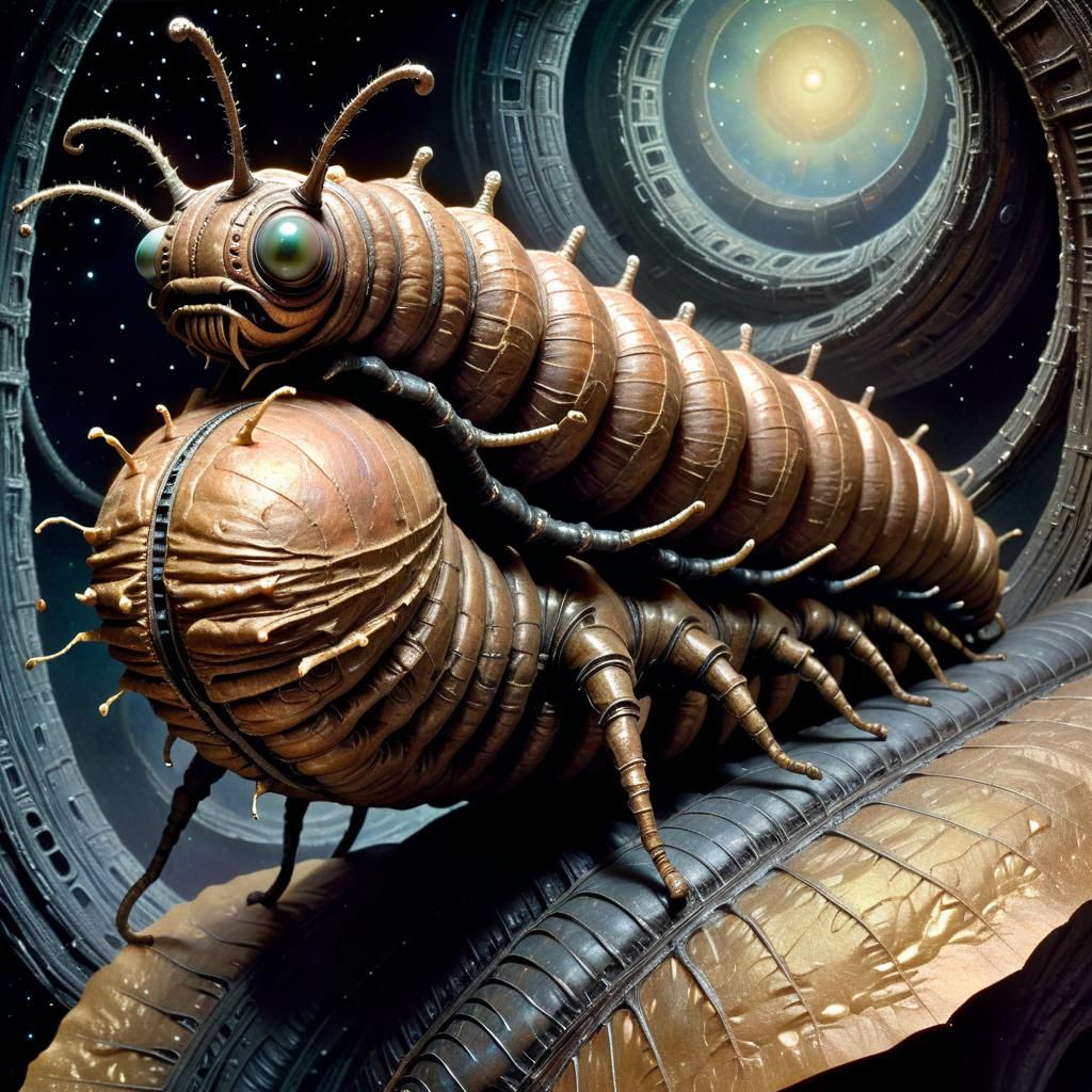 Colossal Bronze Caterpillar in Space: Digital Art