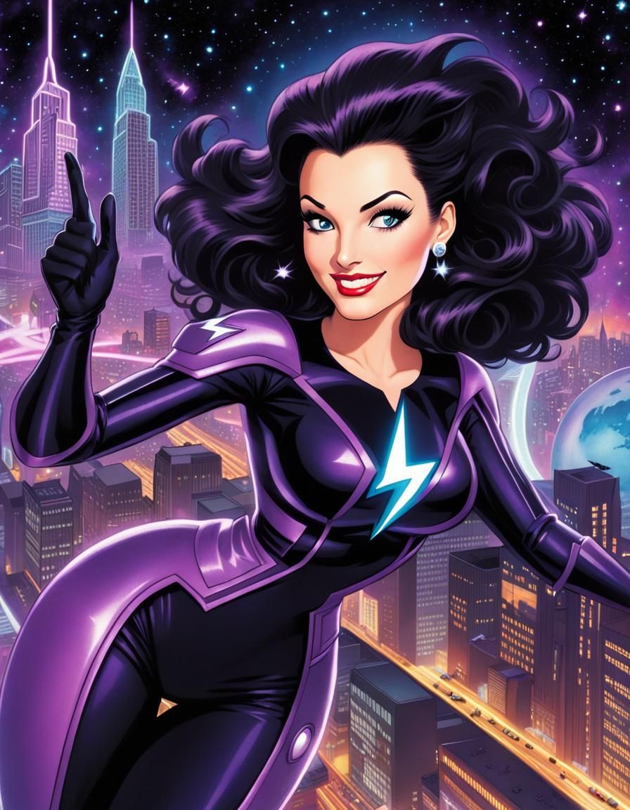 Jetstream Jane Flying Over Cosmic City, Comic Book Art