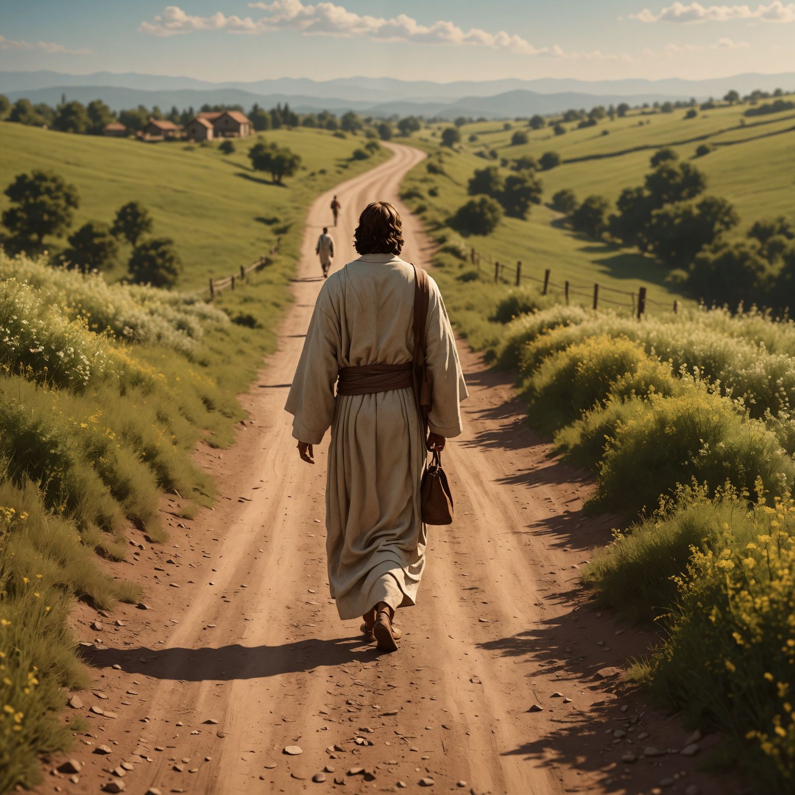 Figure Walking Toward Jesus on Rural Road