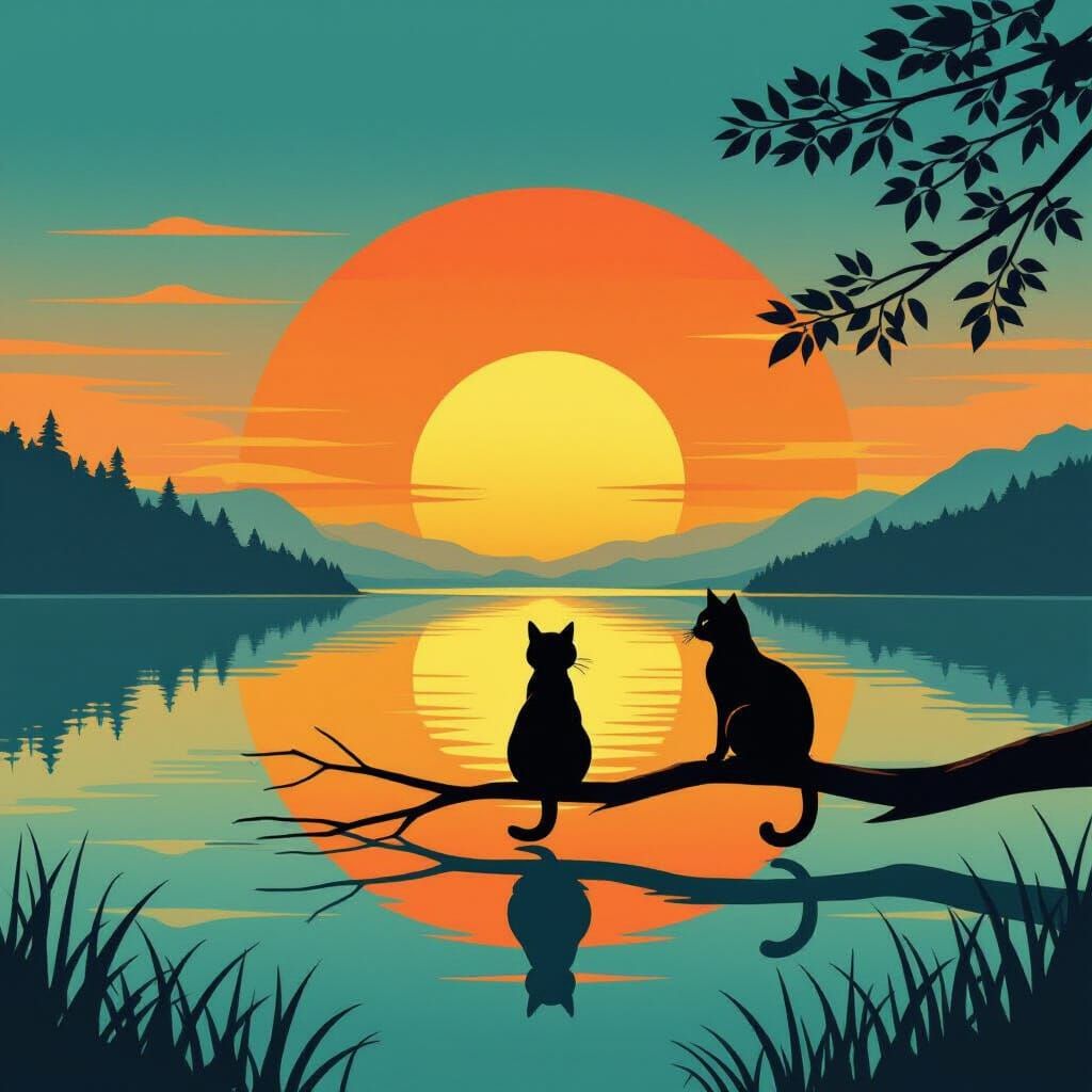 Mid-Century Modern Sunrise Over Mirror Lake with Cat