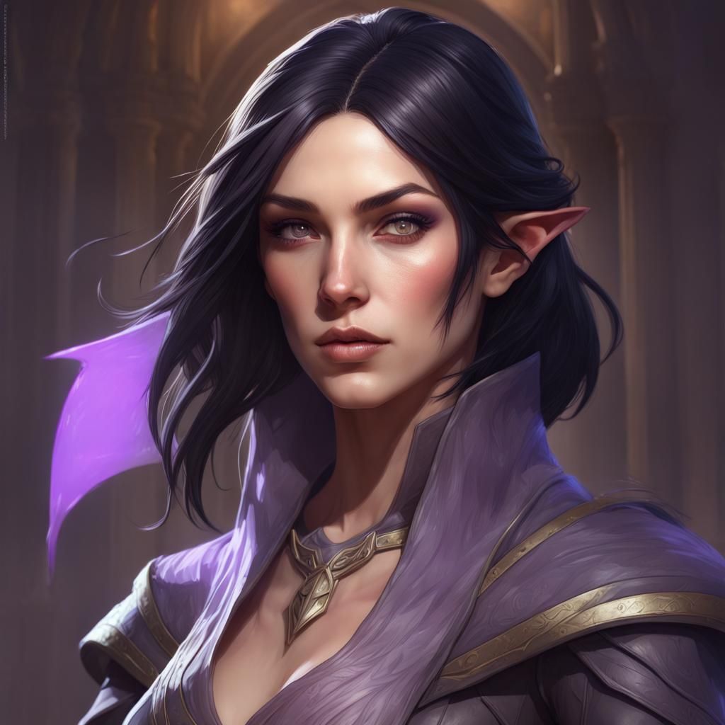 Detailed Half-Elf Warlock Portrait in Art Nouveau Style