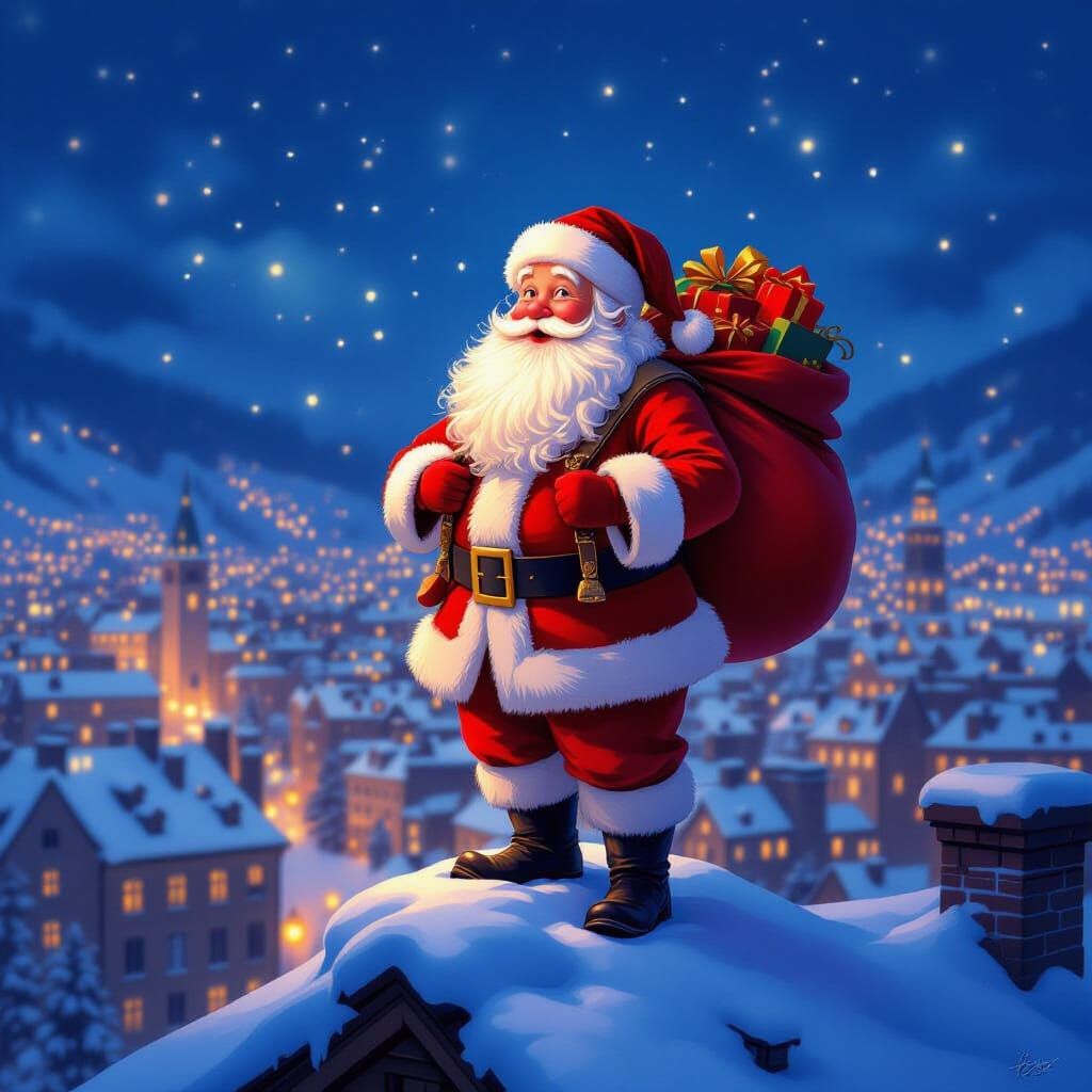 Santa Claus on European Rooftop in Twilight