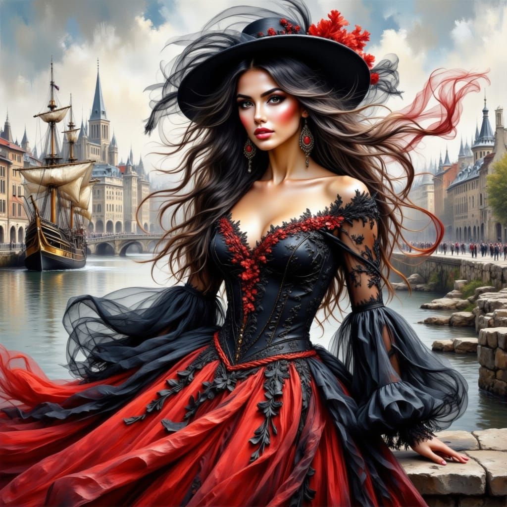 Mysterious Woman on Medieval Embankment as Impasto Painting