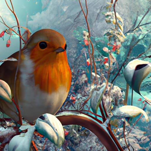 Robin in Winter Landscape, Detailed Matte Painting