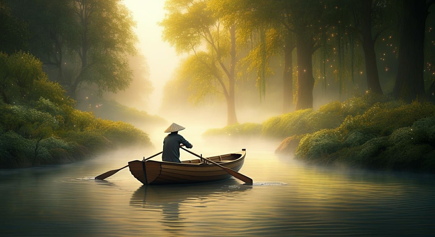 Ethereal Oarsman on Mystical River at Golden Hour