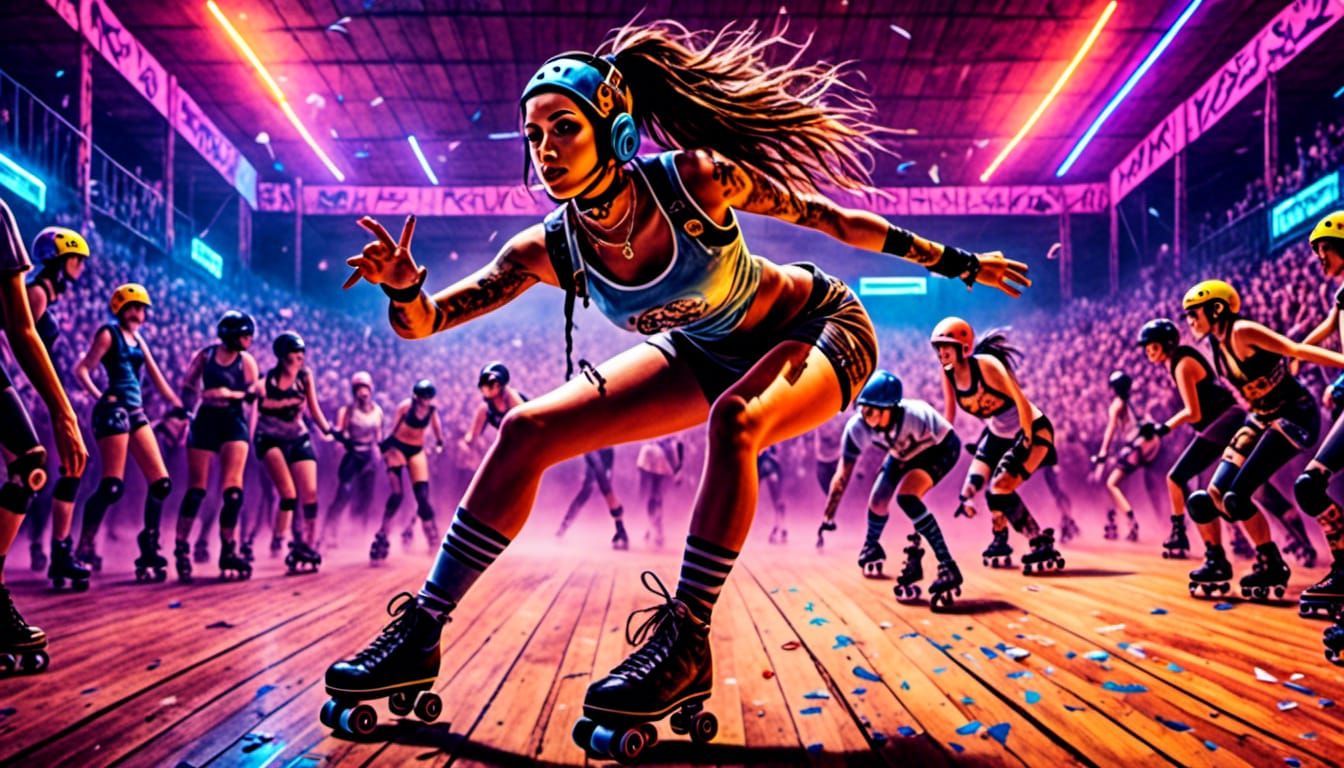 Roller Derby Graffiti Art in a Neon Arena