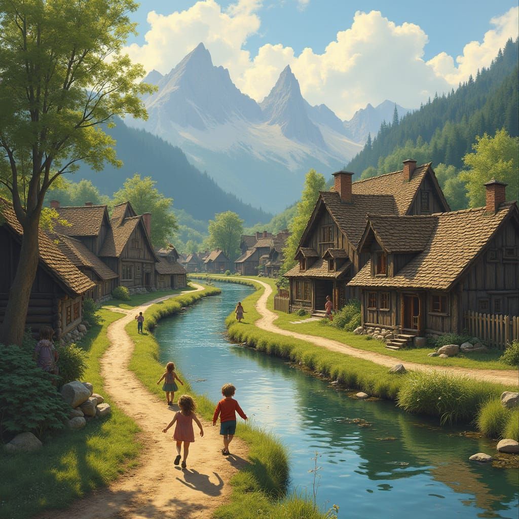 Village Life Along a Gentle River in Rustic Wooden Homes