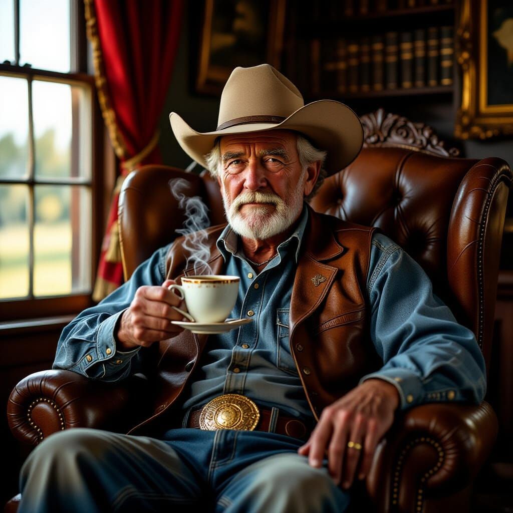 Elderly Cowboy in Grand Parlor, Golden Hour Glow