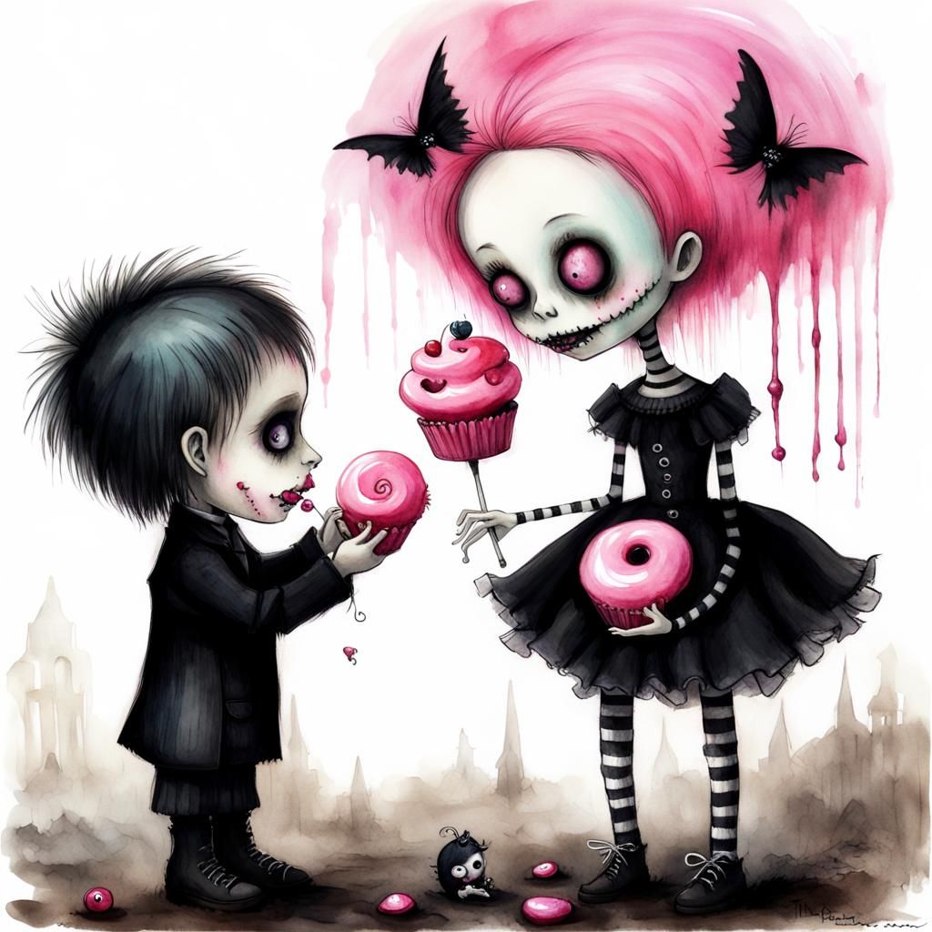 Gothic Dolls Share Candy: Watercolor Dark Fantasy