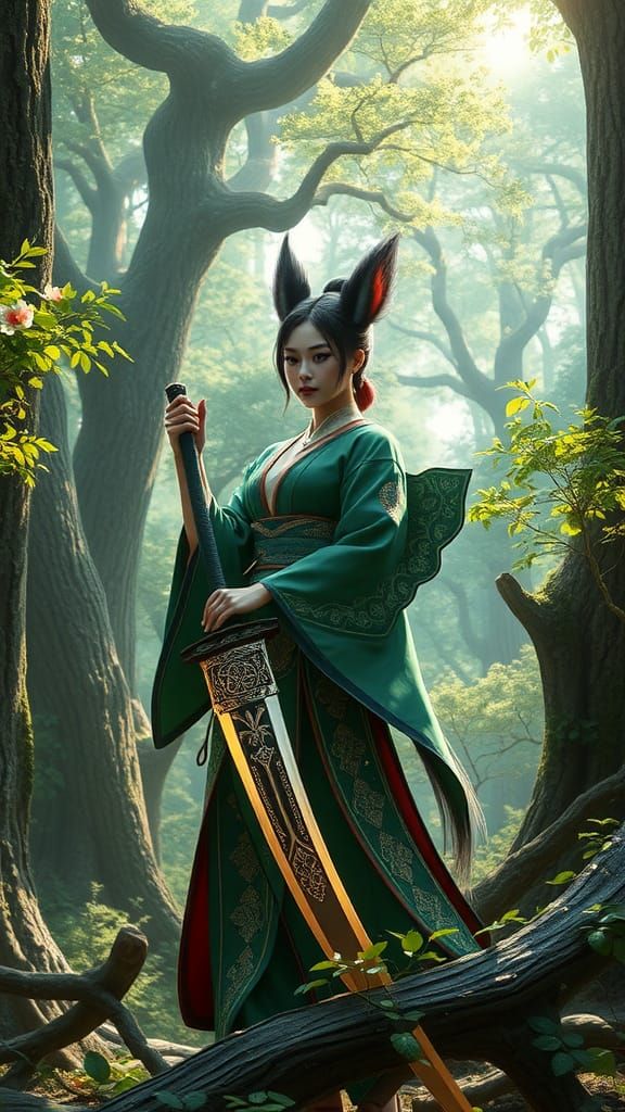Squirrel-Eared Woman with Sword in Emerald Forest