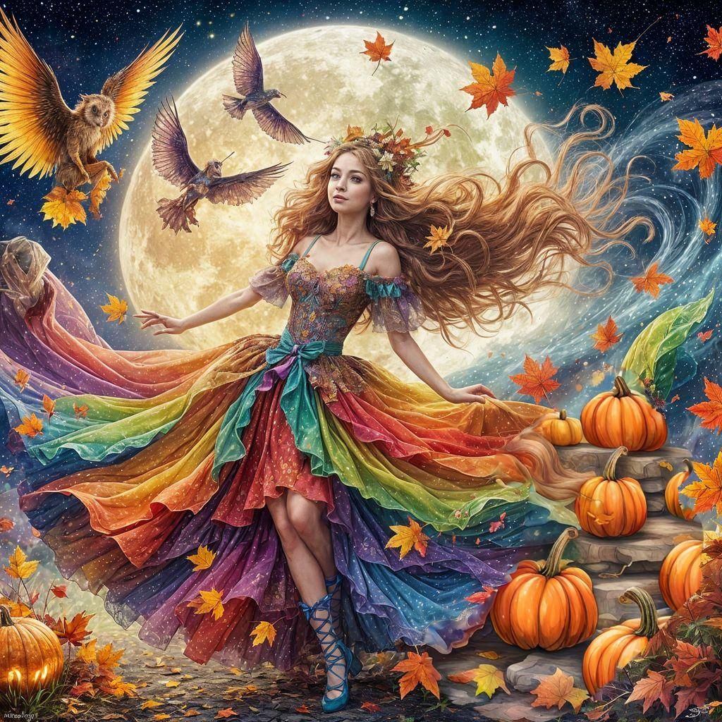 Flowing Autumn Gown with Pumpkins