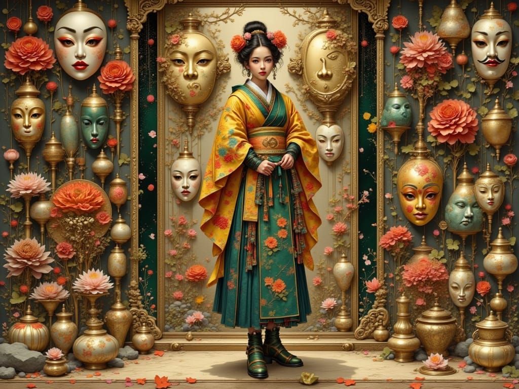 Chiyoko Before Kabuki Masks in Elegant Attire