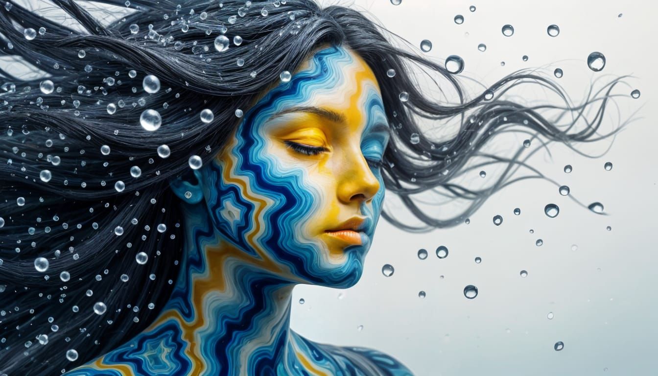 Agate Face with Flowing Hair and Hexagonal Rain