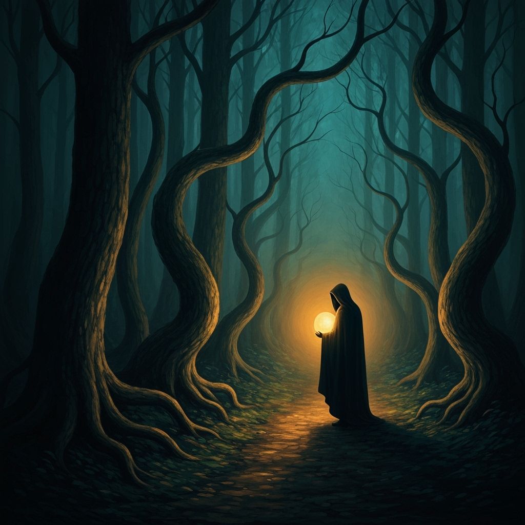 Ethereal Figure in Dark Forest: Romantic Surrealism