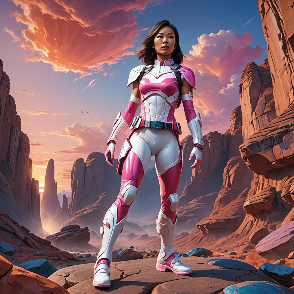 Asian Superheroine in Pink Suit on Alien Planet