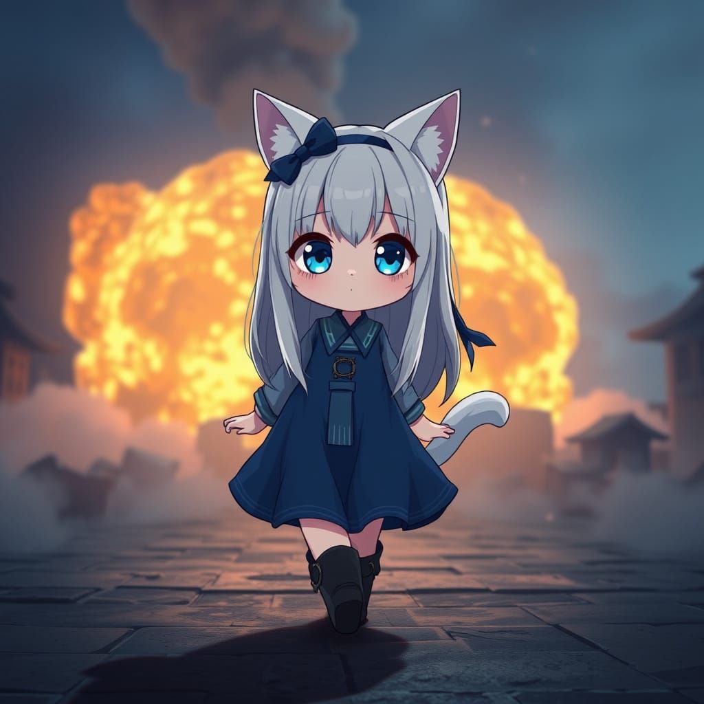 Adorable Anime Catgirl in a Cinematic Explosion