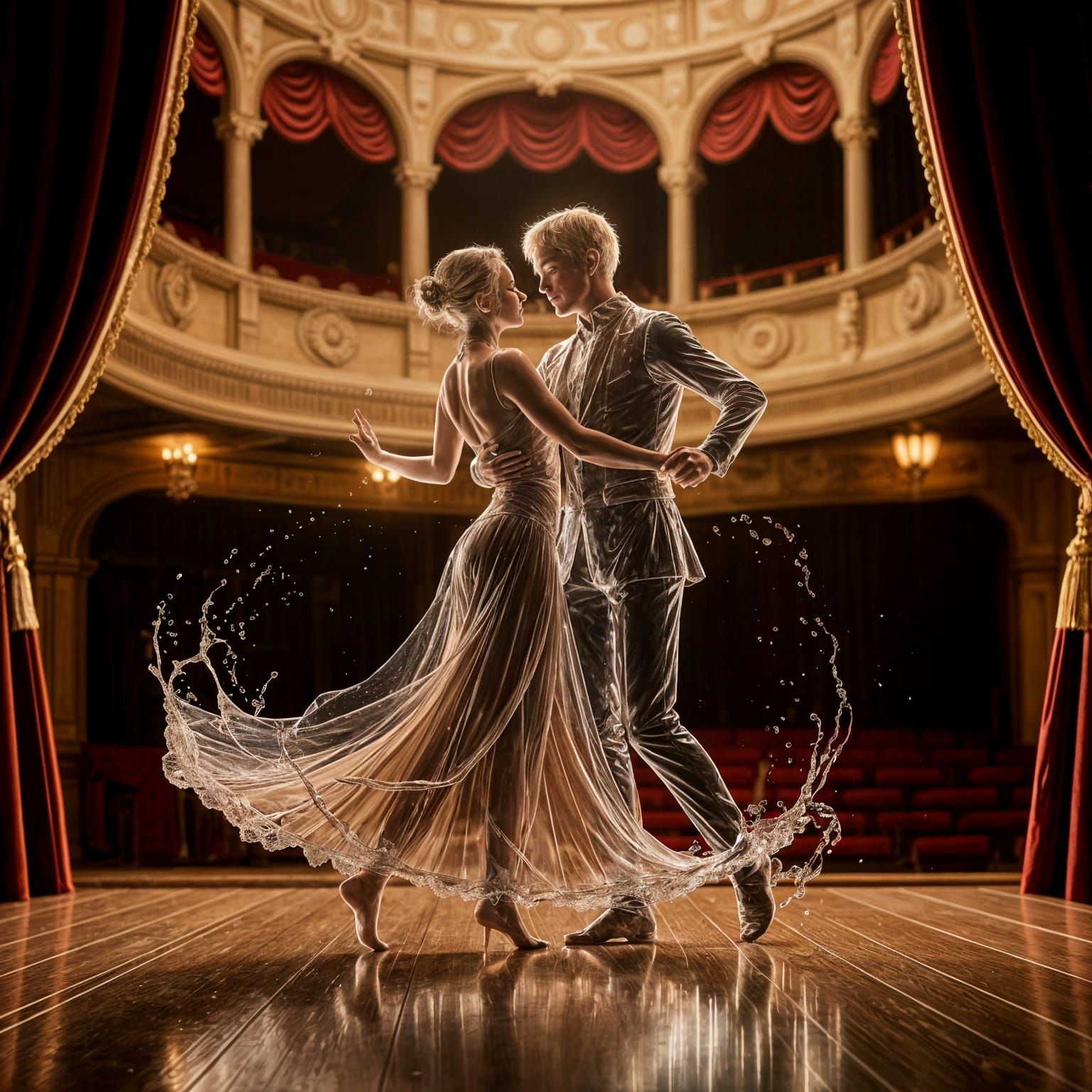 Liquid Couple Dancing on Medieval Street in Amber Light