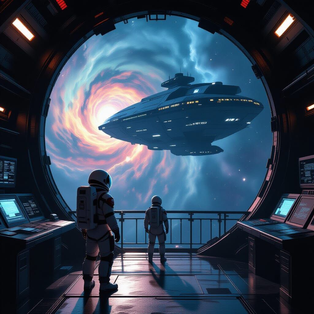 Astronaut on Derelict Starship Gazes at Nebula