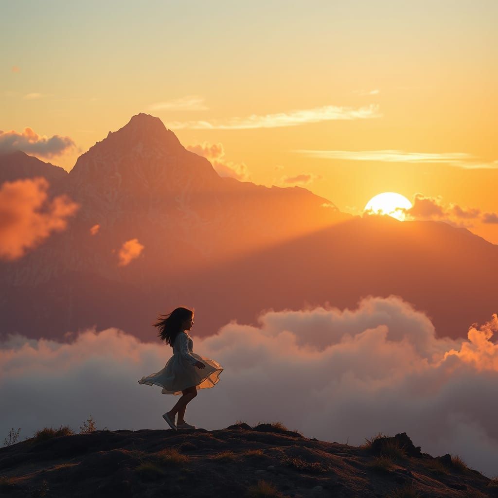 Dreamlike Sunset on a Mountain, with a Dancer in the Foregro...