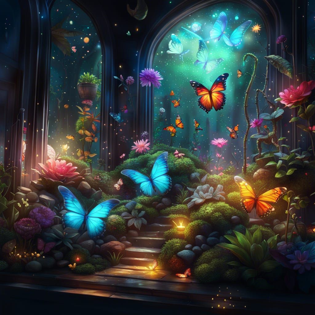 Magical Terrarium with Butterflies: Cell-Shaded Digital Art
