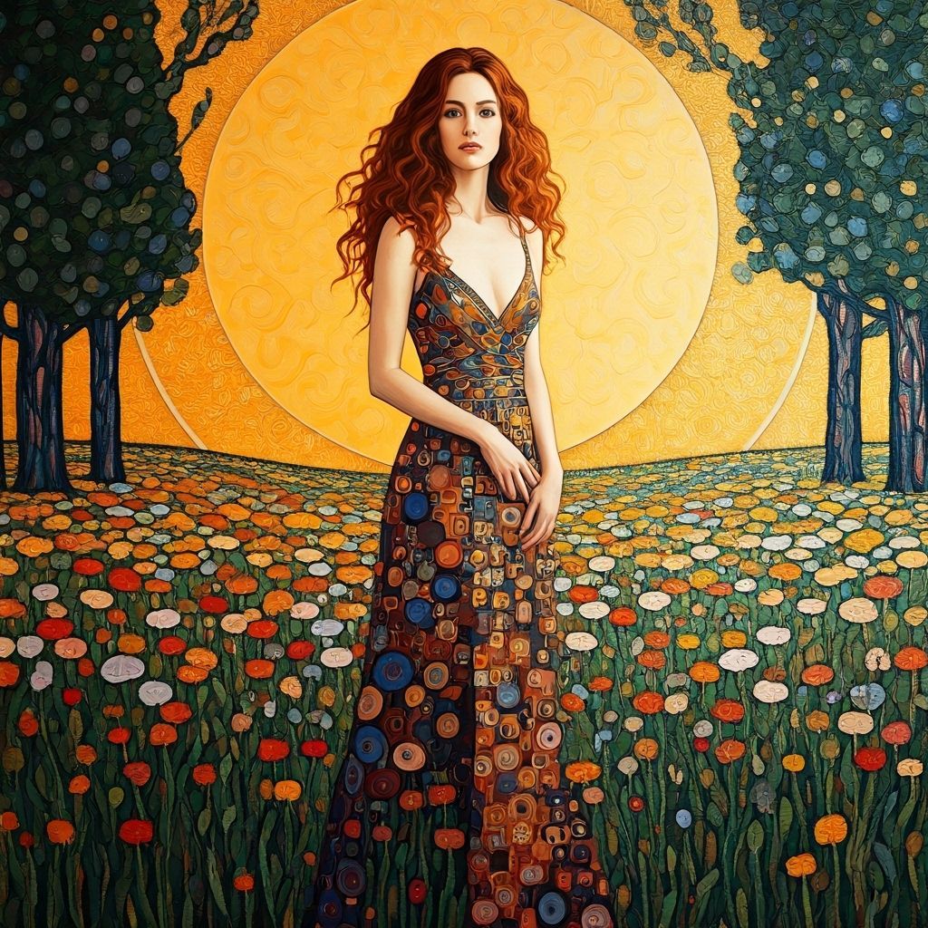 Woman in Jewel Gown Amidst Wildflowers in Klimt and Grossmit...